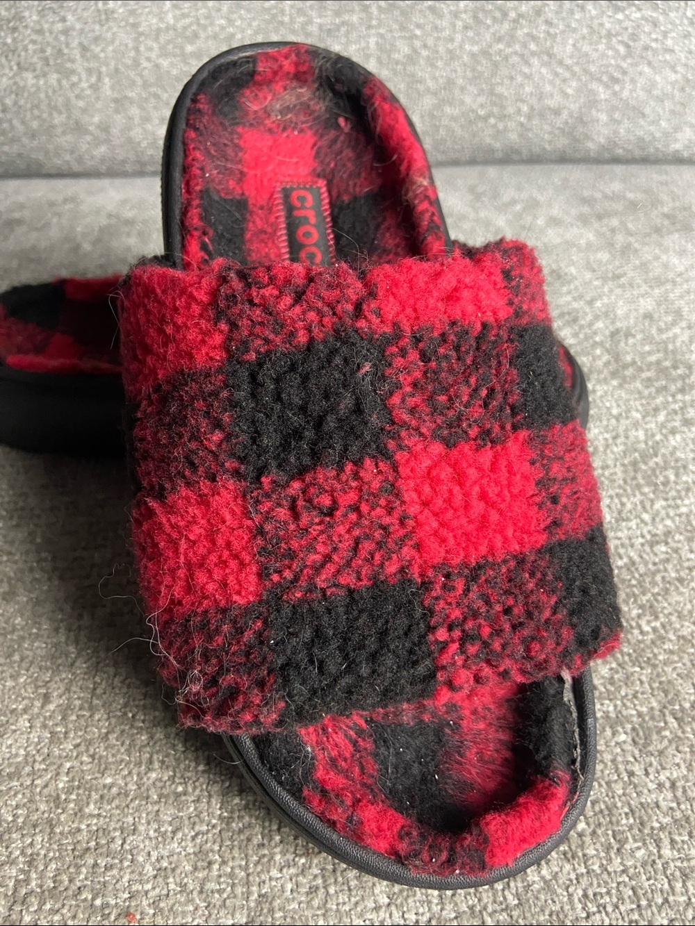 CROCS Red & Black Plaid Fuzzy Slide